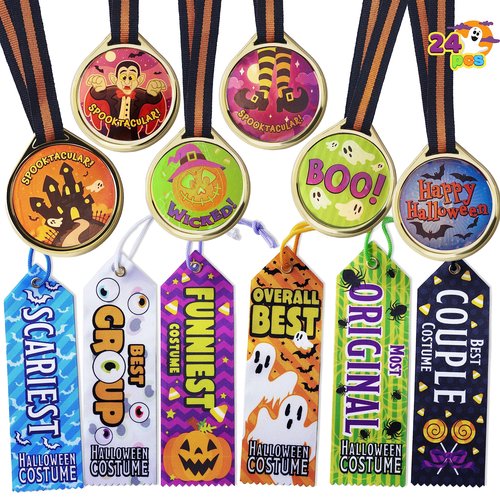 JOYIN 24 PCS Halloween Medals Trophies with Ribbons for Kids Children Party Award Celebration and Spooky Contest Rewards, Halloween Party Favors Supplies for Carnival Game Prizes