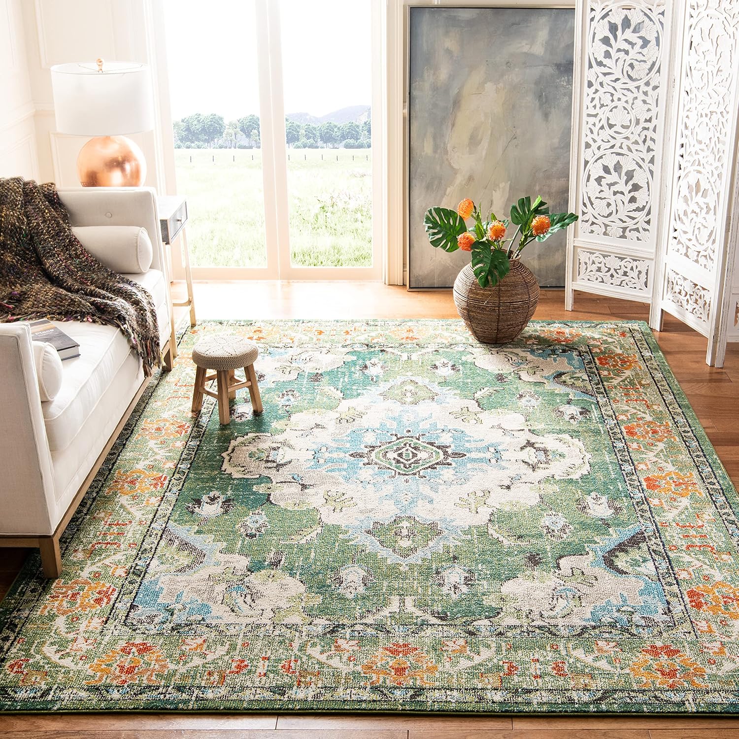 SAFAVIEH Monaco Collection Area Rug - 8' x 10', Forest Green & Light Blue, Non-Shedding | Easy to Clean Medallion Design