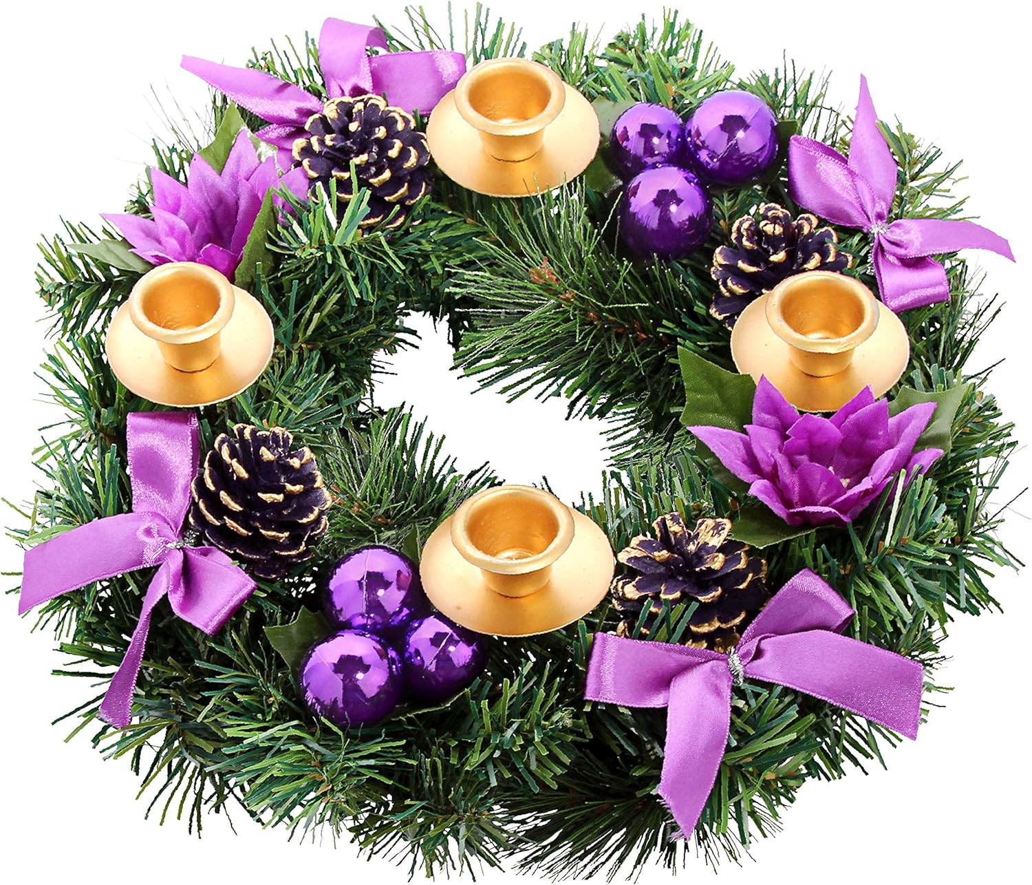 Purple Ribbon Christmas Advent Wreath - Festive Centerpiece Candle Holder for Advent Season