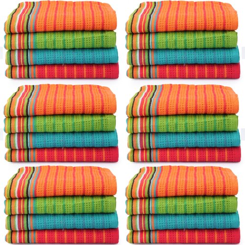 TEXAS LINEN CO. Kitchen Dish Towels, 100% Cotton Salsa Towels, Set of 24 (16x28 Inches), Multi Purpose Cooking Drying Restaurant Bar Cleaning Cloth Napkin, Highly Absorbent, Lint Free, Multi-Color