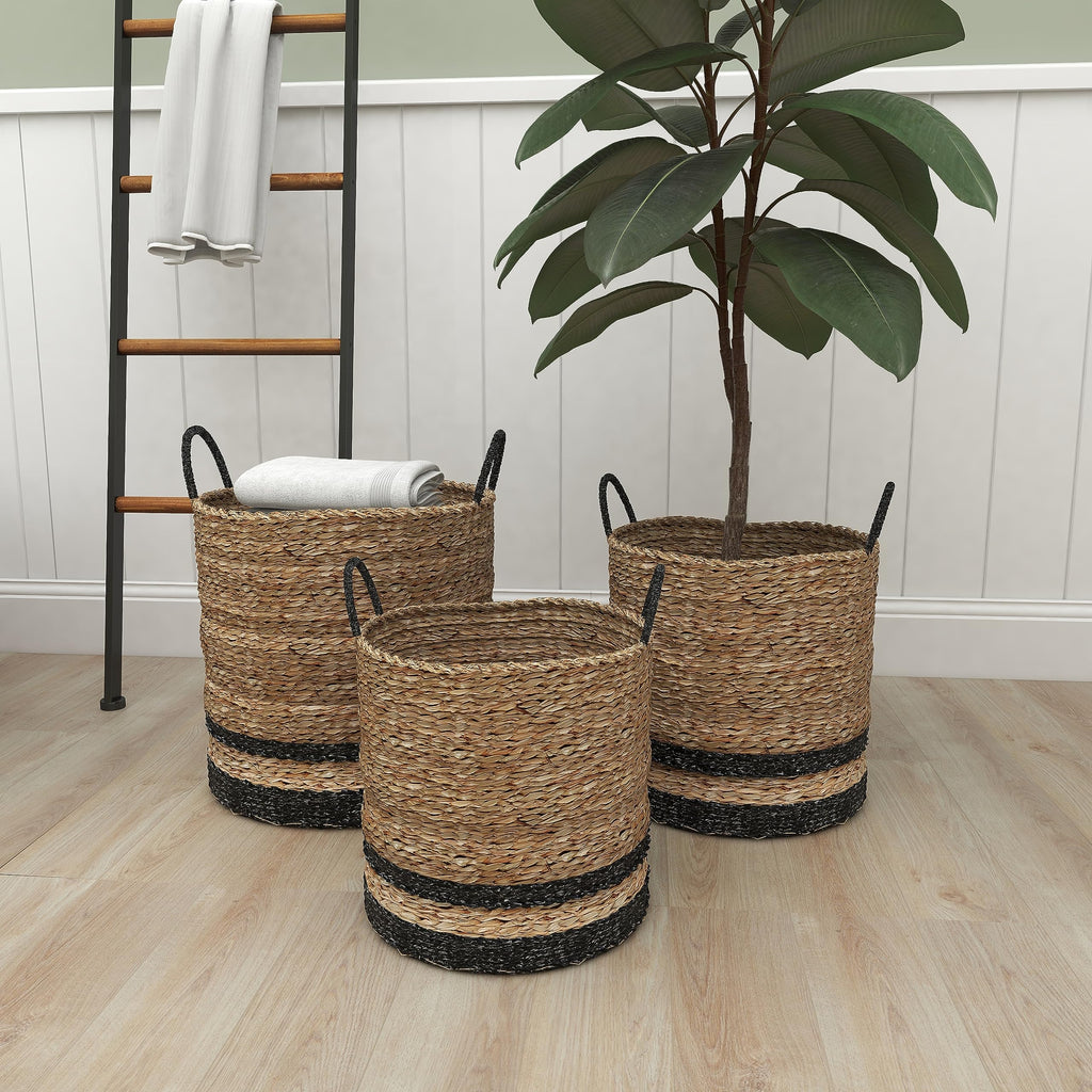 Deco 79 Seagrass Handmade Decorative and Functional Storage Basket Two-Toned Brown Basket Organizer with Handles, Set of 3 Basket for Storage 18", 17", 14"H, Black