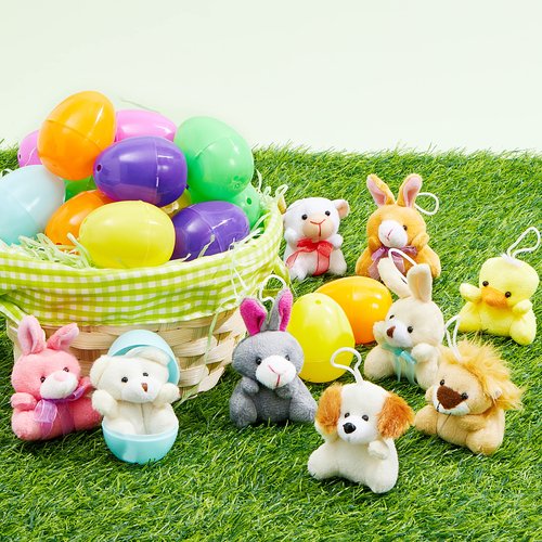 JOYIN 18 Pcs Pre-Filled Easter Eggs with Plush Animal Toys, Egg Filled Keychain for Kids Hunt Goodie Bag Fillers Basket Stuffers and Party Favor, Classroom Prize Supplies