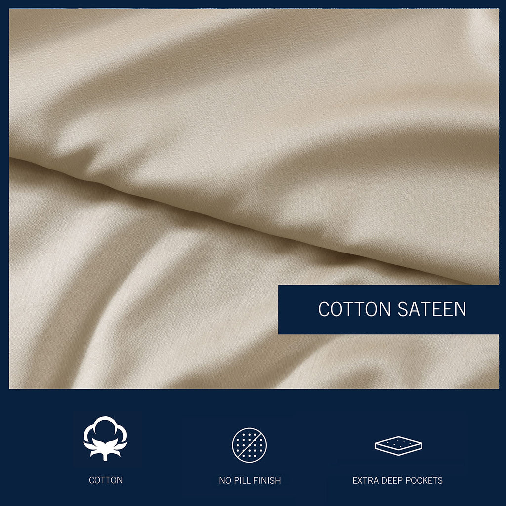 Nautica - King Sheets, Cotton Sateen Bedding, 400 Thread Count, Silky Smooth & Wrinkle Resistant (Regatta Beige, King)