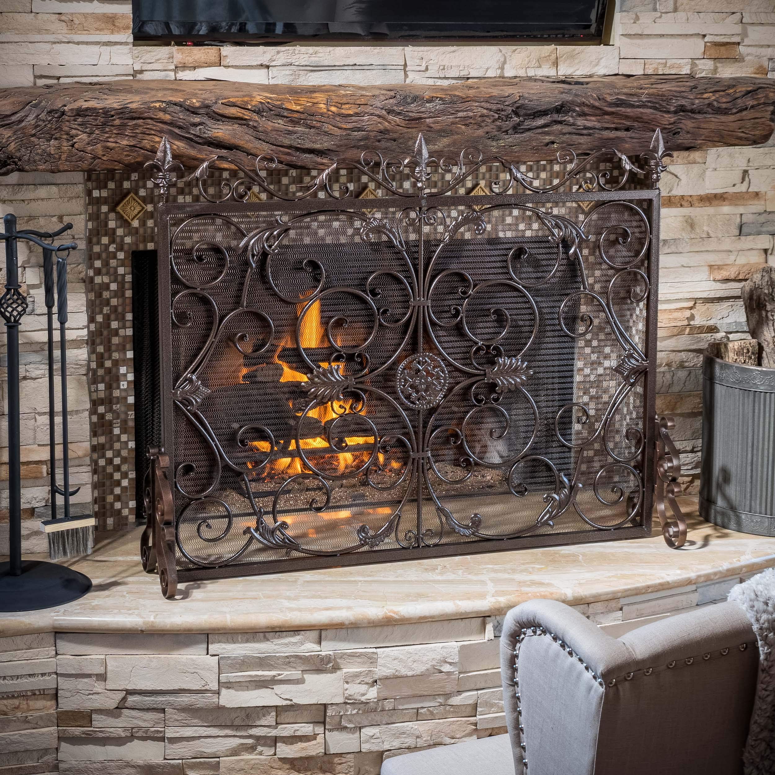Christopher Knight Home Wilmington Fireplace Screen, Gold Flower On Black