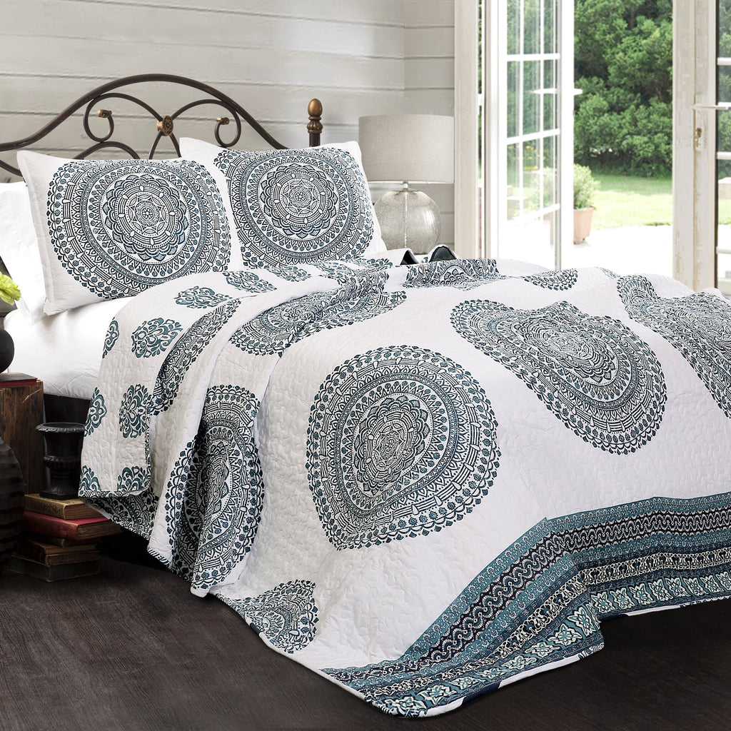Lush Decor Shaila Medallion Quilt | Mandala Print Reversible 3 Piece Bedding Set - King - Blue