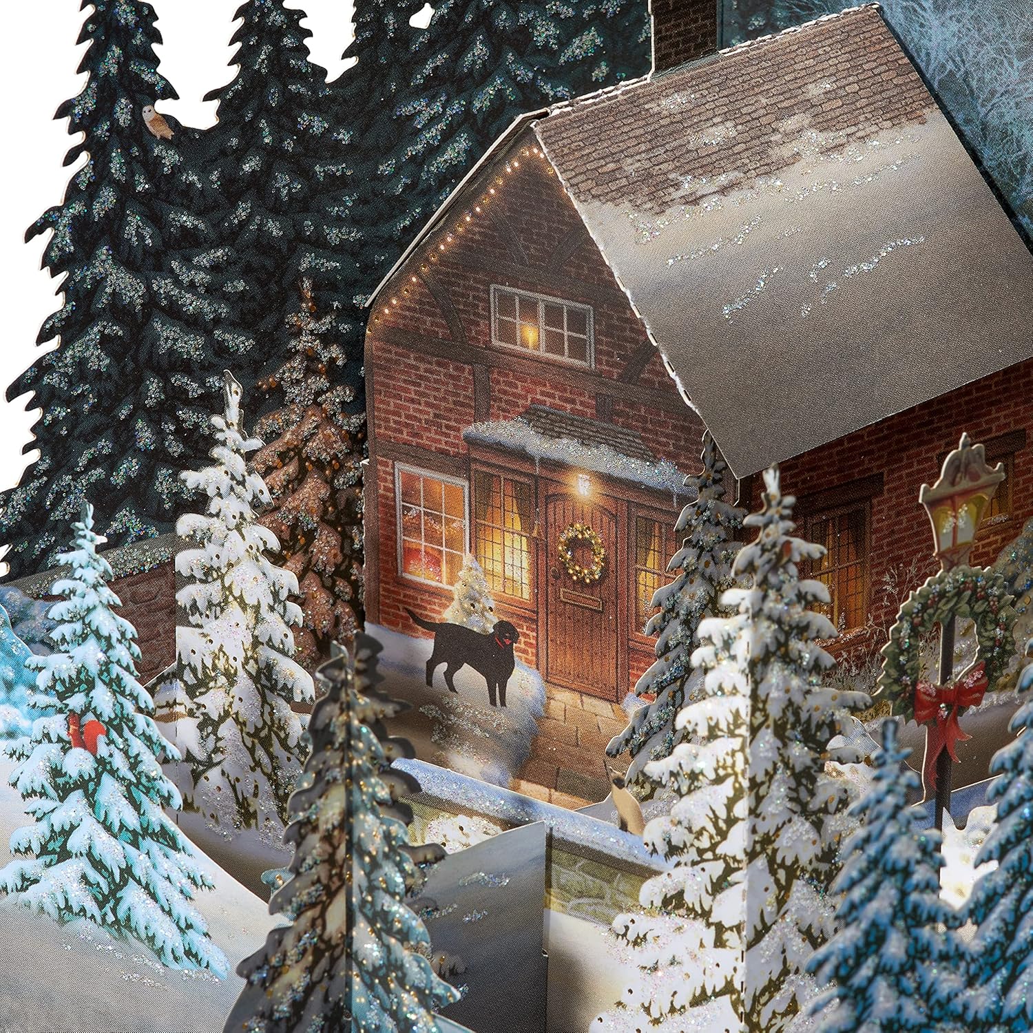 American Greetings 3D Holiday Card - Magic Moments Rustic Cottage in Winter Pine Forest