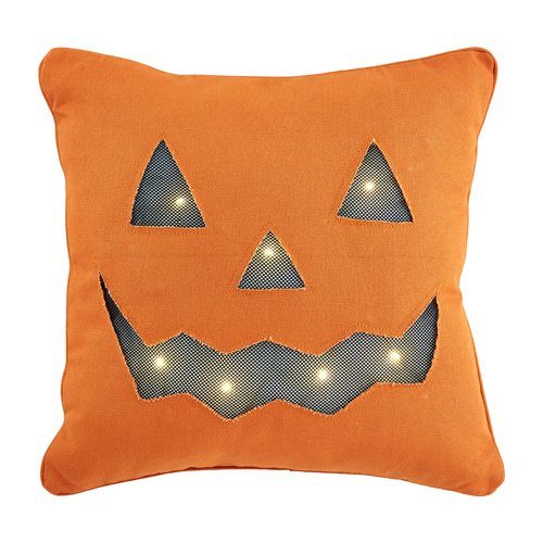Mud Pie Light Up Halloween Throw Pillow, Pumpkin, 16" x 16"