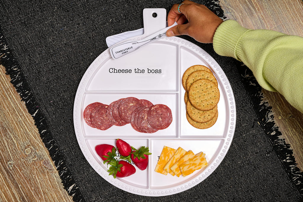 Mud Pie Melamine Charcuterie Board; board 15" x 13" dia | tongs 5 3/4"