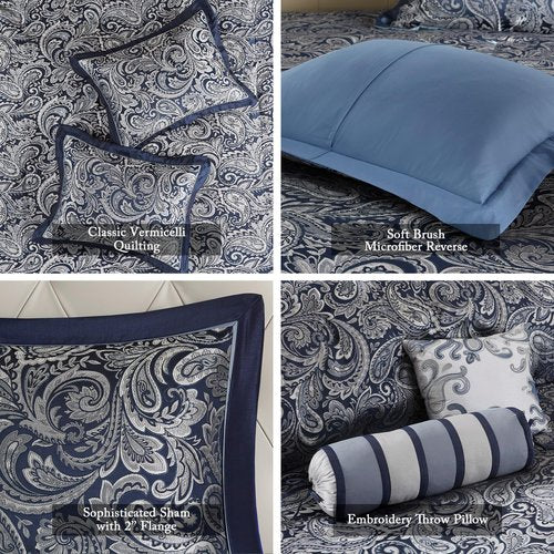 Madison Park Aubrey Reversible Quilted Bedspread Set, Solid Reverse Summer Breathable, Lightweight All Season Bedding Layer, Matching Shams, Bedspread Queen(102"x118"), Navy 5 Piece