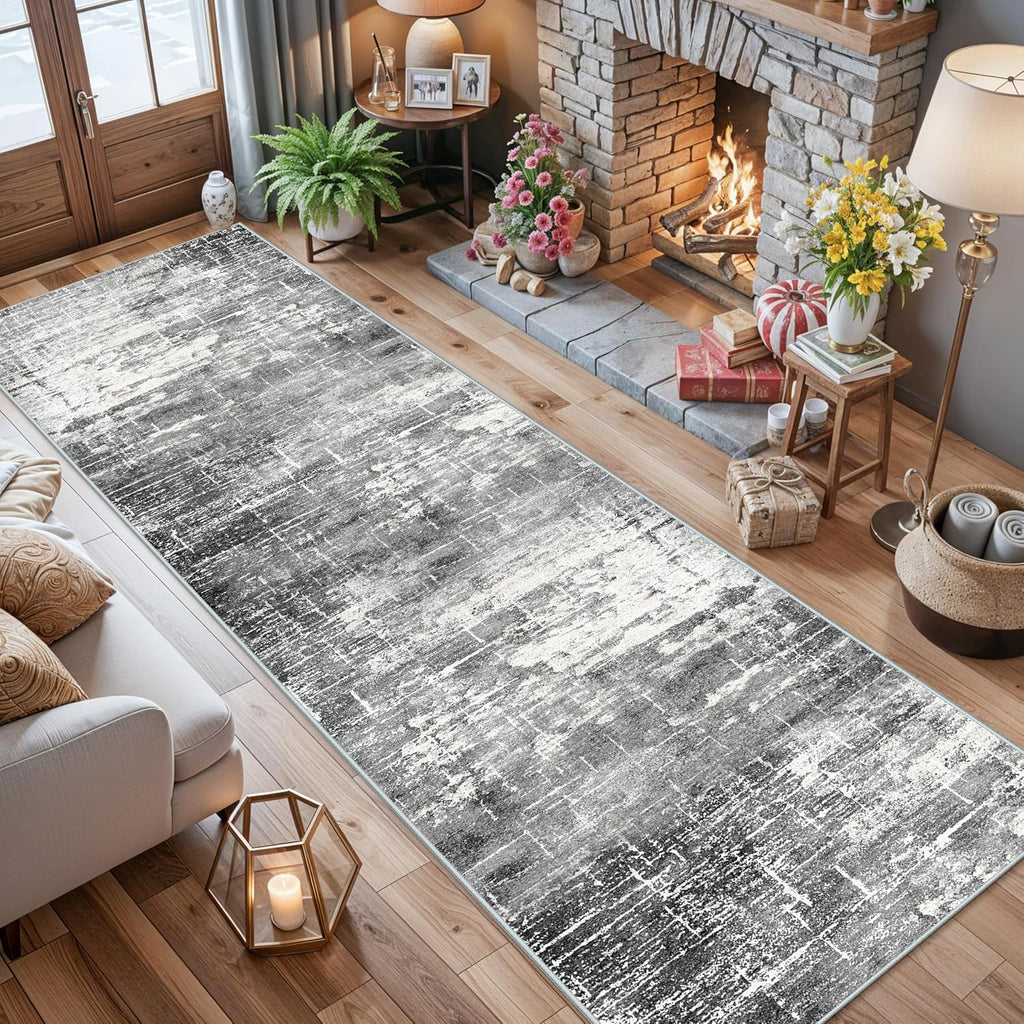 Skiennix Washable 12ft Kitchen Area Rug - Soft Non-Slip Abstract Runner for Living Room | Black/Grey (2'6"x12')