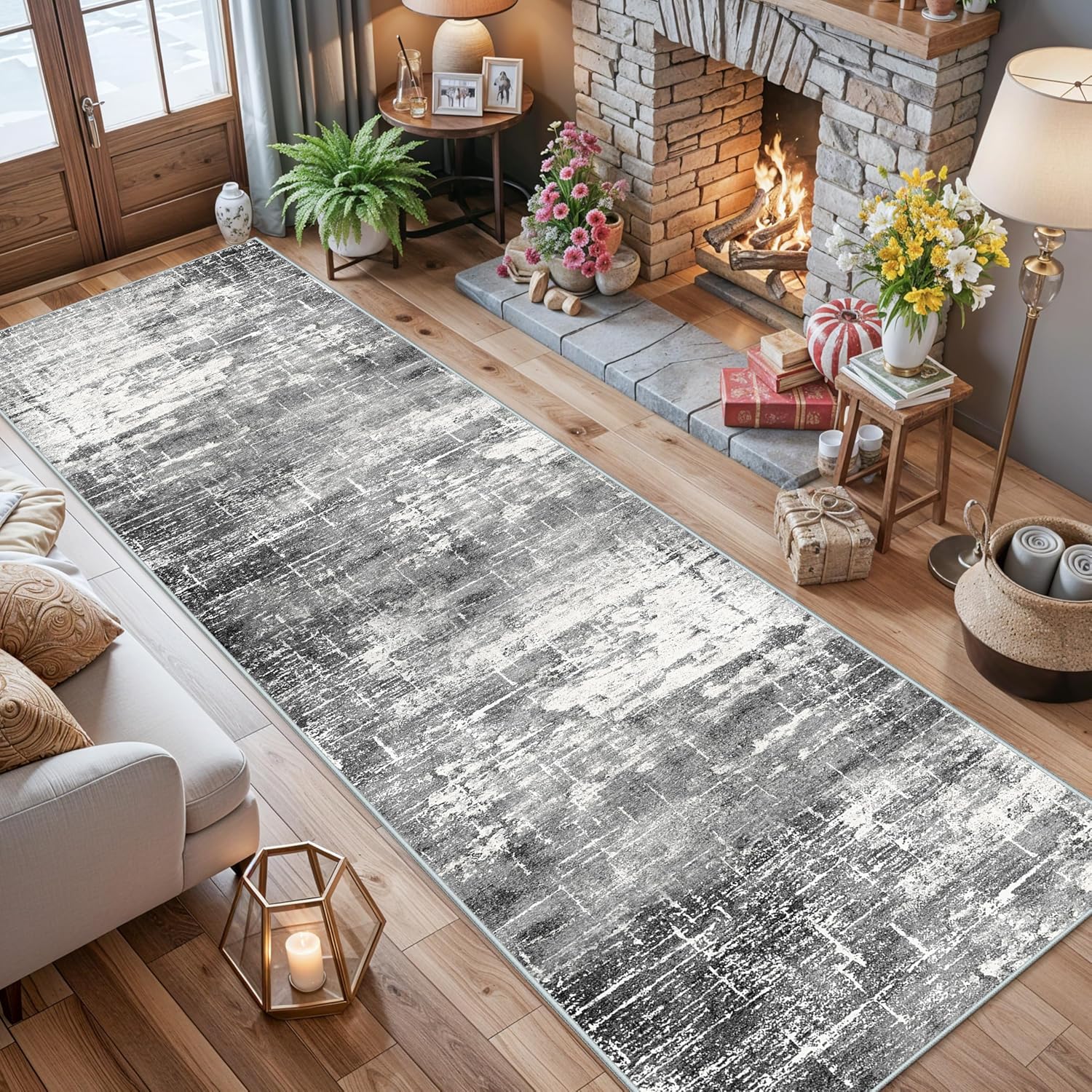 Skiennix Washable 12ft Kitchen Area Rug - Soft Non-Slip Abstract Runner for Living Room | Black/Grey (2'6"x12')