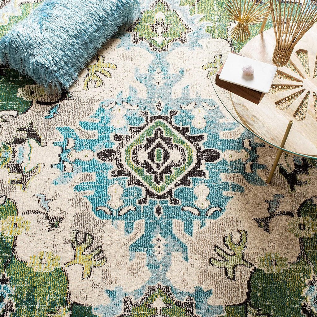 SAFAVIEH Monaco Collection Area Rug - 8' x 10', Forest Green & Light Blue, Non-Shedding | Easy to Clean Medallion Design
