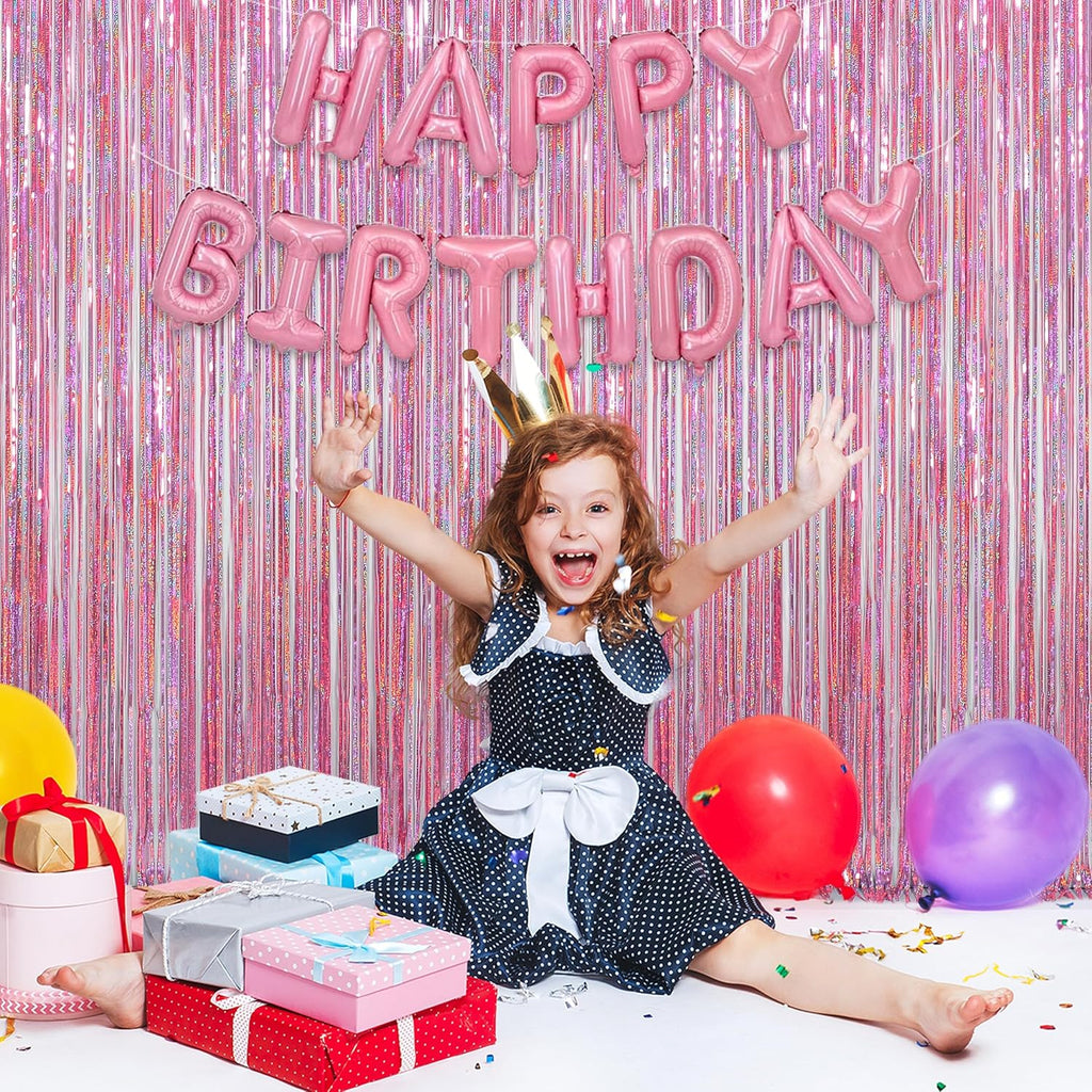 Melsan Pink Tinsel Curtains - Sparkling Metallic Foil Backdrop for Princess Birthday Parties | 3.2 ft x 8.2 ft, 2 Pack