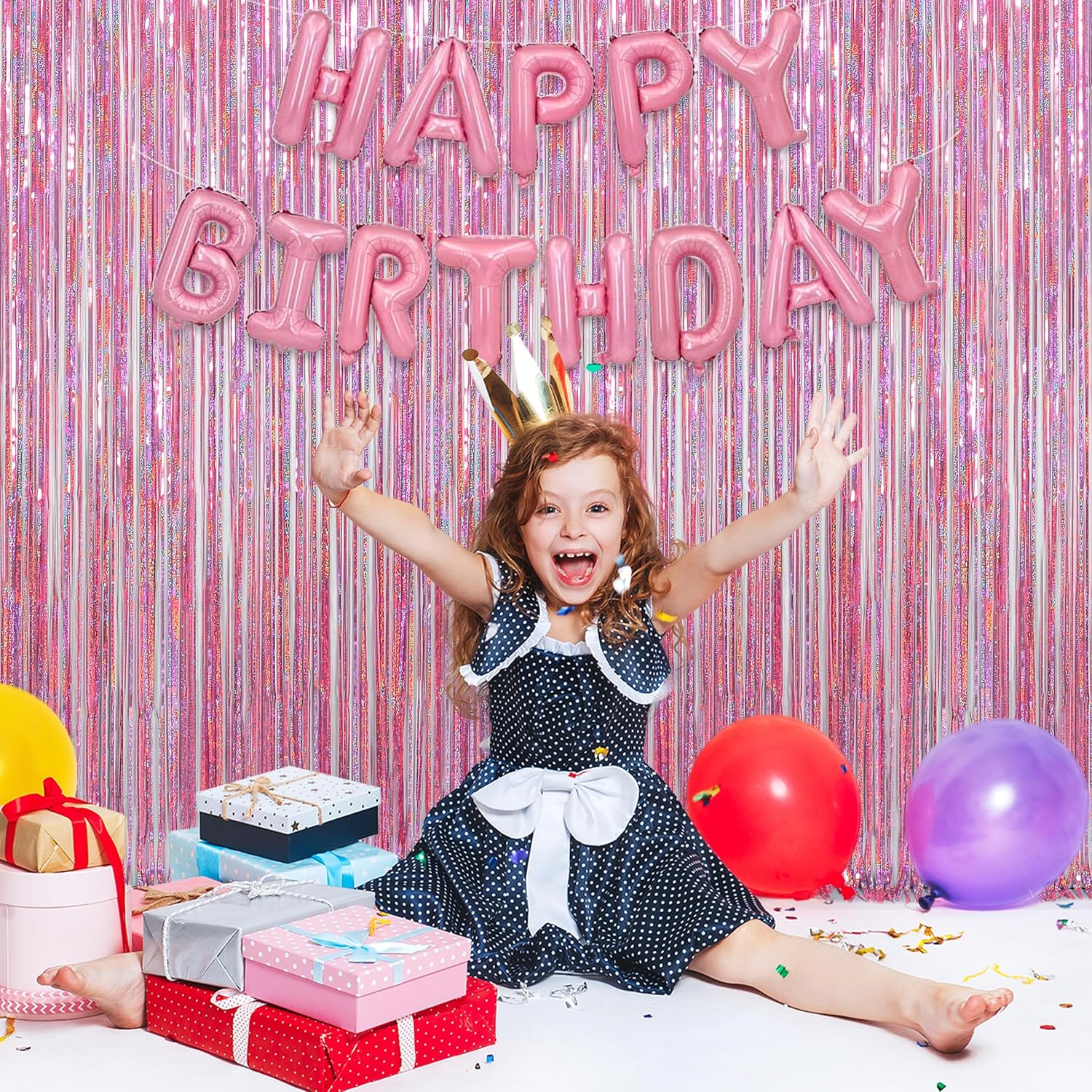 Melsan Pink Tinsel Curtains - Sparkling Metallic Foil Backdrop for Princess Birthday Parties | 3.2 ft x 8.2 ft, 2 Pack