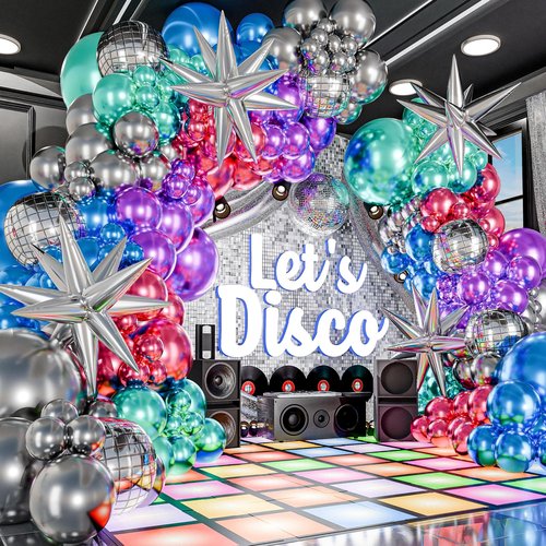 ALL-IN-1 Disco Balloon Arch Kit with BONUS Disco Balls & Starbursts for Disco Party Decorations - Metallic Balloon Arch Kit for 90s Theme Party Decoration, Prom Decoration, Karaoke Party Decorations