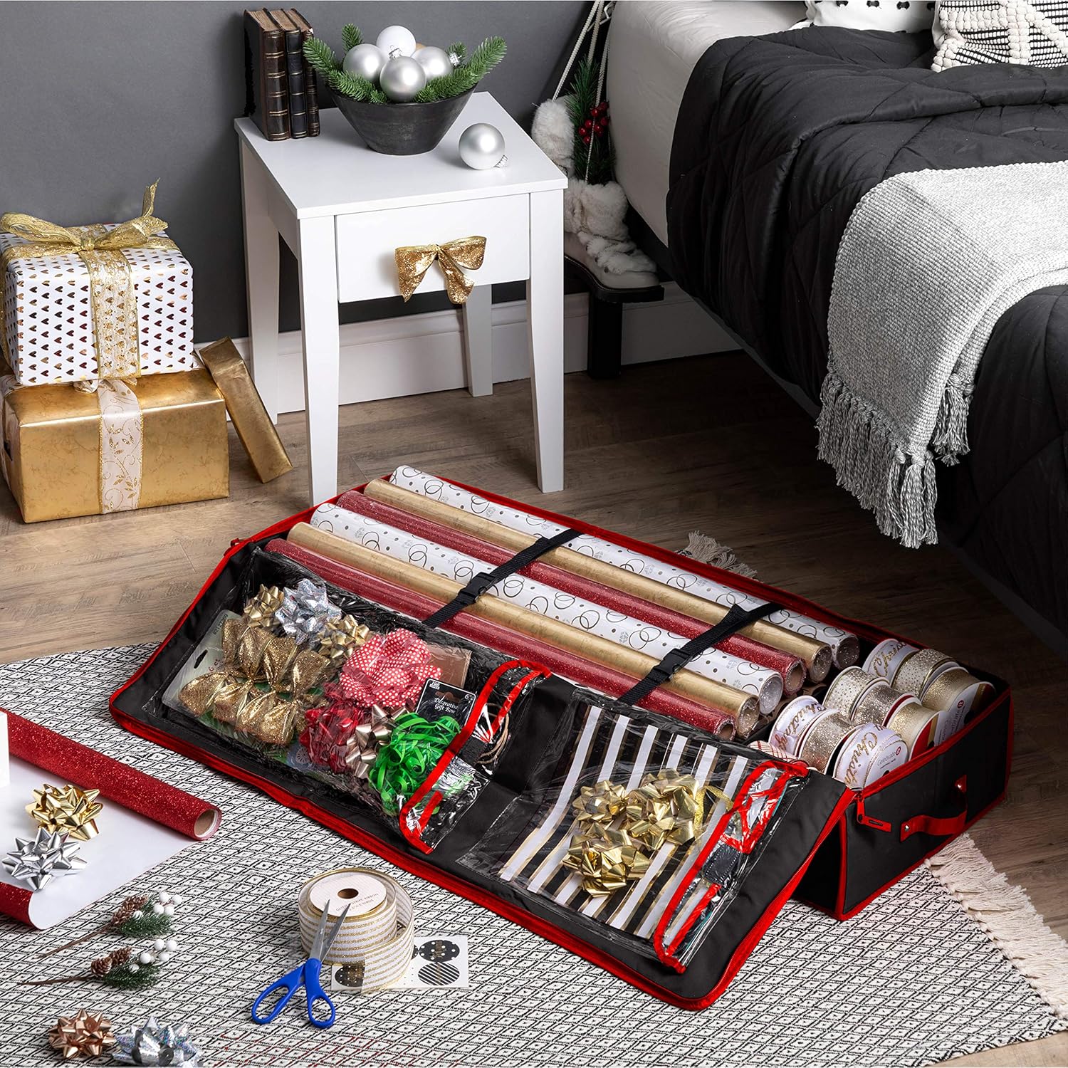 ZOBER Gift Wrapping Paper Organizer - 40" Storage for 24 Rolls with Pockets for Bows & Ribbons | Black/Red 600D Oxford