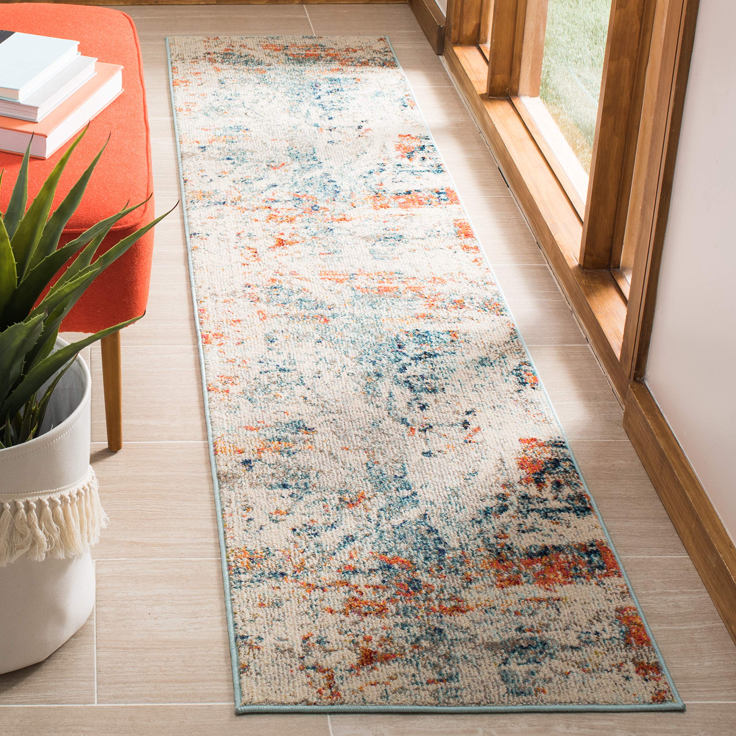 SAFAVIEH Madison Collection Runner Rug - 2'2" x 16', Cream & Orange, Modern Abstract Design, Non-Shedding & Easy Care, Ideal for High Traffic Areas in Living Room, Bedroom (MAD478B)