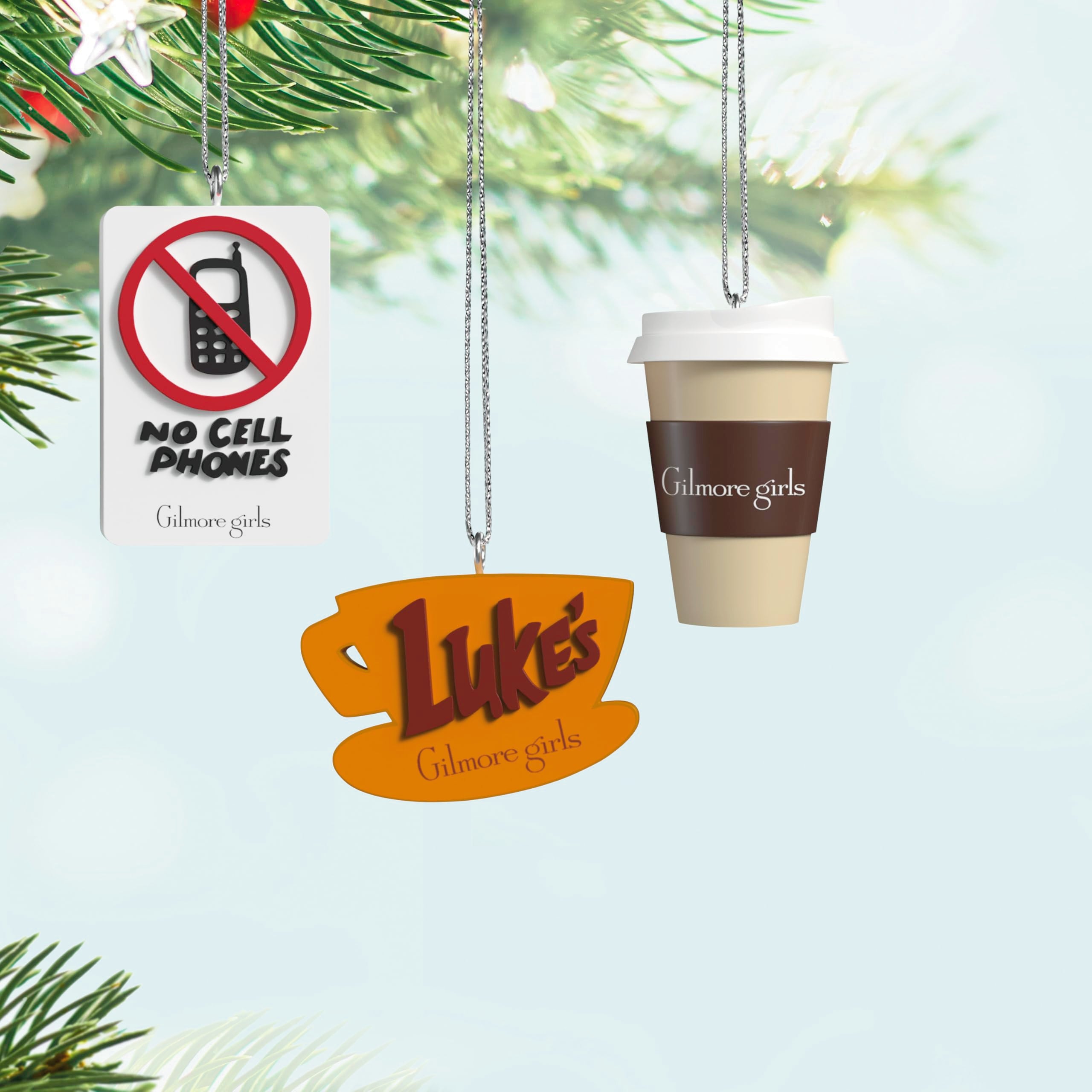 Hallmark Keepsake Mini Gilmore Girls Ornaments, Set of 3 (Luke's Diner, Coffee Cup, No Cell Phones) Tiny Ornaments for Tabletop Tree