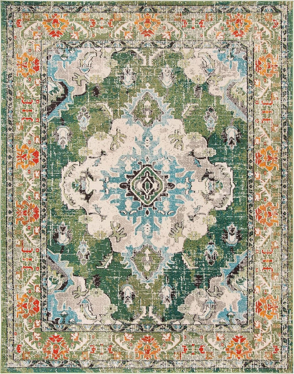 SAFAVIEH Monaco Collection Area Rug - 8' x 10', Forest Green & Light Blue, Boho Medallion Design | Non-Shedding & Easy Care for High Traffic Areas
