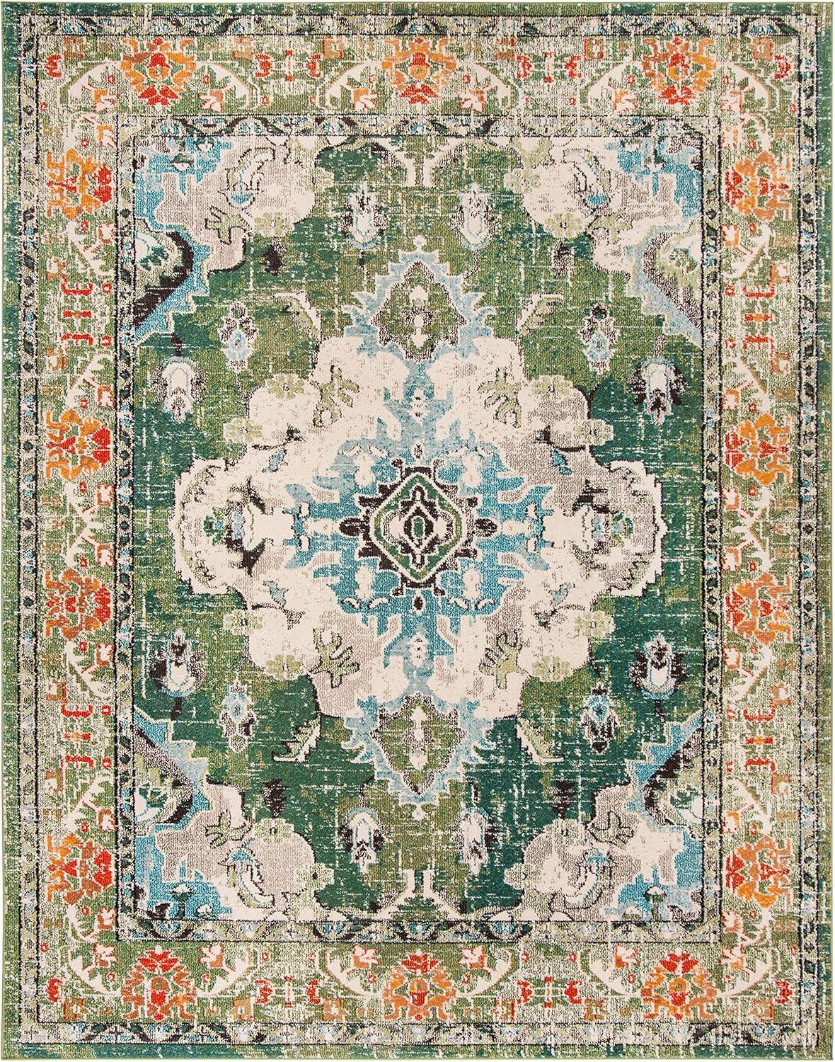 SAFAVIEH Monaco Collection Area Rug - 8' x 10', Forest Green & Light Blue, Boho Medallion Design | Non-Shedding & Easy Care for High Traffic Areas