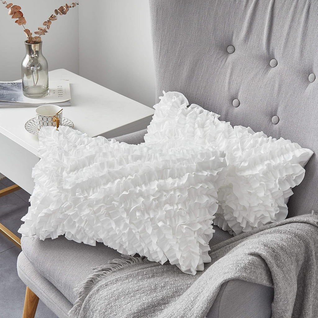 Oubonun Lumbar Pillow Set of 2 - 100% Cotton Decorative Rectangle Inserts - White Sofa Pillows