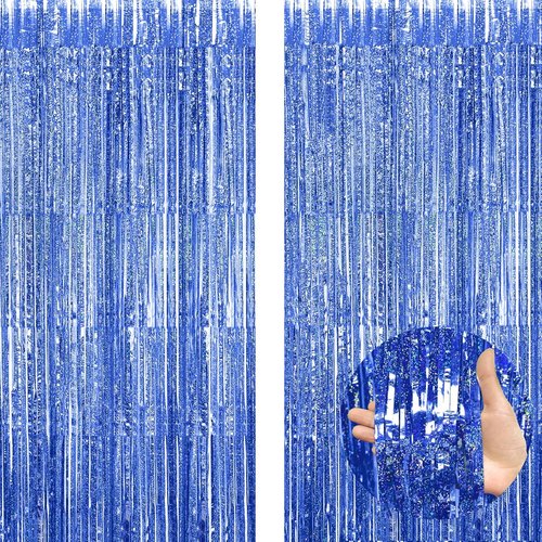 GZ-LAOPAITOU Blue Foil Fringe Curtains - 2 Pack 3.3x8.2 Ft Party Backdrop for Weddings, Birthdays & Events