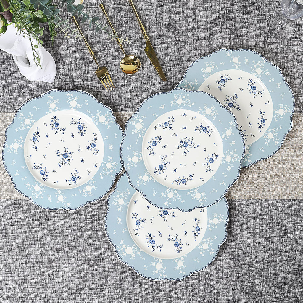 fanquare 10 Inch Porcelain Dinner Plates Set of 4, Lace Dishes Set for Salad, Pasta, Soup, Dessert, Blue Roses
