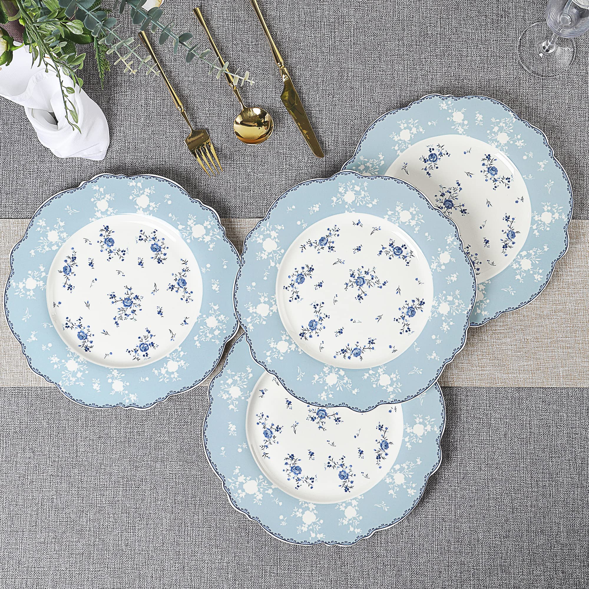 fanquare 10 Inch Porcelain Dinner Plates Set of 4, Lace Dishes Set for Salad, Pasta, Soup, Dessert, Blue Roses