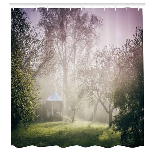 Ambesonne Landscape Shower Curtain, Pavilion in Moody Garden with Trees Misty Weather Foggy Nature Image, Cloth Fabric Bathroom Decor Set with Hooks, 69" W x 70" L, Mauve Green White