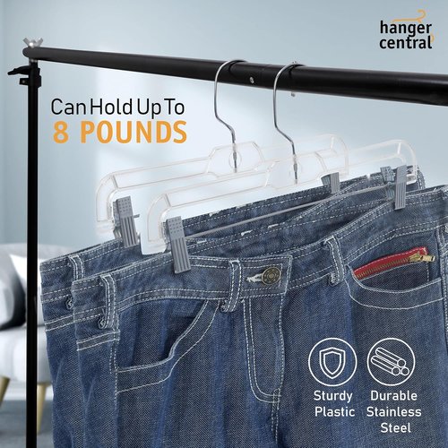 Hanger Central Premium 14-Inch Clear Pants Hangers - Adjustable Clips & 360° Swivel Hook | 12 Pack