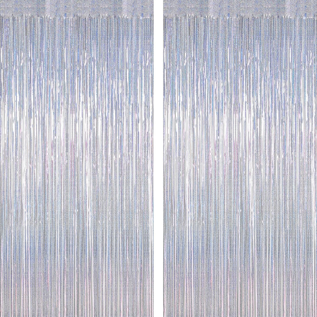 Skiennix Silver Metallic Tinsel Foil Curtains - 2 Pack Glitter Fringe Backdrop | 3.28 FT x 7.05 FT for NYE & Birthday Parties