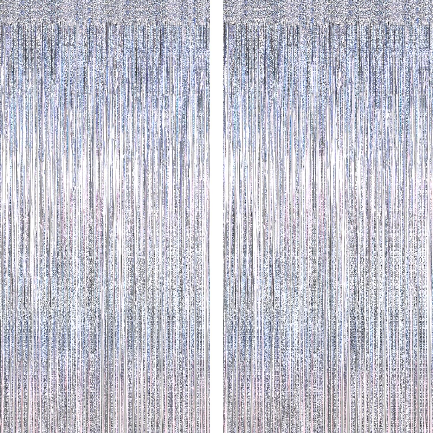 Skiennix Silver Metallic Tinsel Foil Curtains - 2 Pack Glitter Fringe Backdrop | 3.28 FT x 7.05 FT for NYE & Birthday Parties