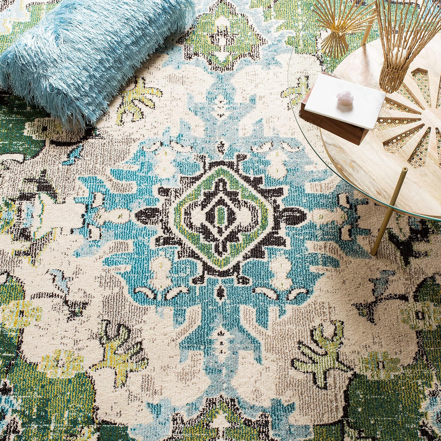SAFAVIEH Monaco Collection Area Rug - 8' x 10', Forest Green & Light Blue, Boho Medallion Design | Non-Shedding & Easy Care for High Traffic Areas