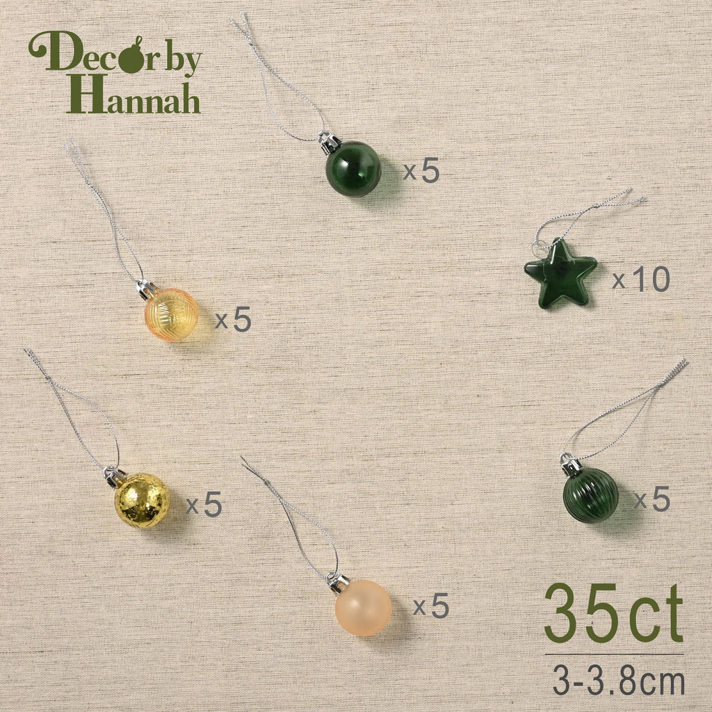 DecorbyHannah Mini Christmas Tree Ornaments, 35ct 1.18inches Green Gold Christmas Ball Ornaments for Tree Decorations, Small Clear Shatterproof Plastic Hanging Balls Bulk for Xmas, Party, Wedding