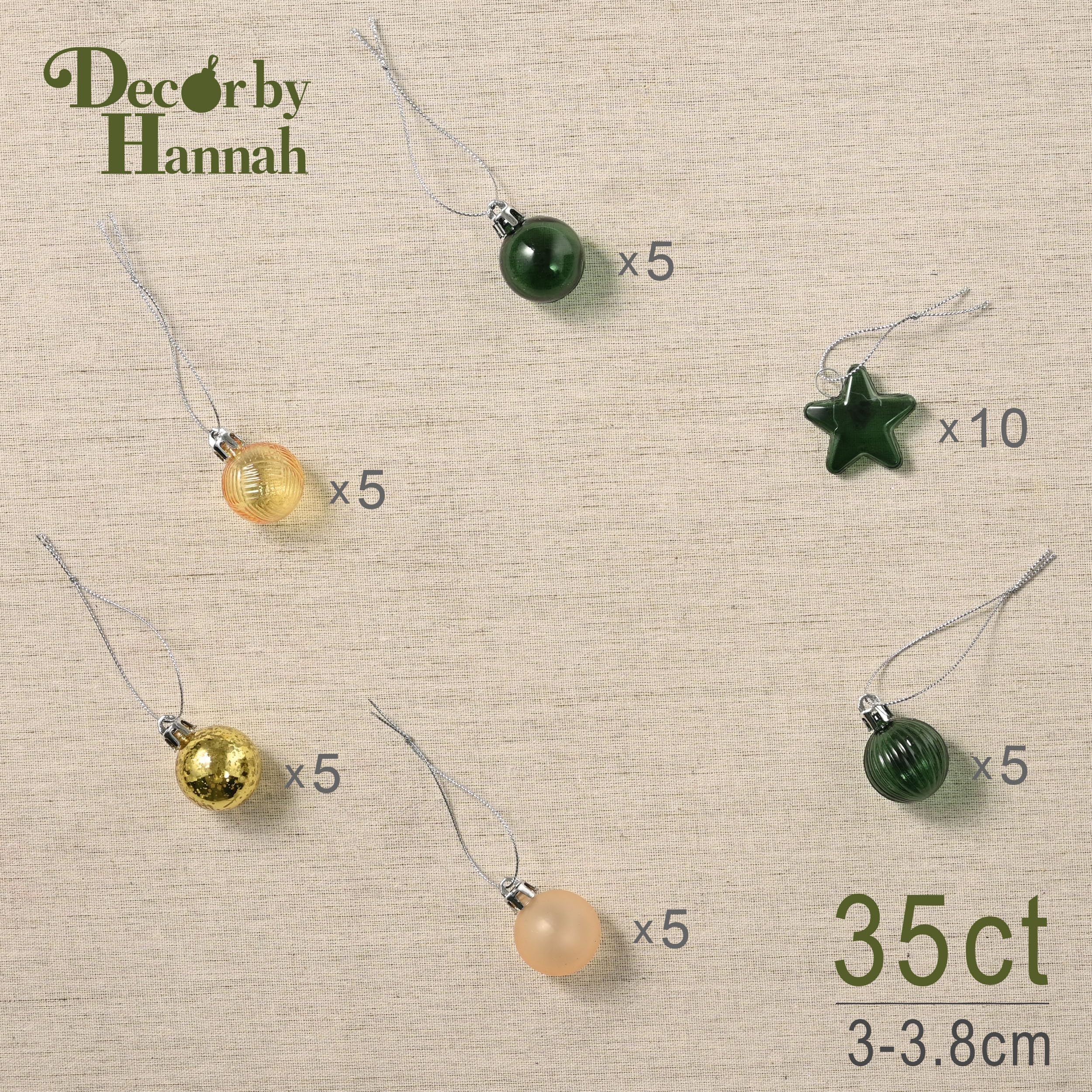 DecorbyHannah Mini Christmas Tree Ornaments, 35ct 1.18inches Green Gold Christmas Ball Ornaments for Tree Decorations, Small Clear Shatterproof Plastic Hanging Balls Bulk for Xmas, Party, Wedding