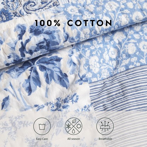 Laura Ashley - Twin Quilt Set, Reversible Cotton Bedding with Matching Sham, Medium-Weight for Year Round Use, Dorm Essentials (Paisley Printed Patchwork Blue)
