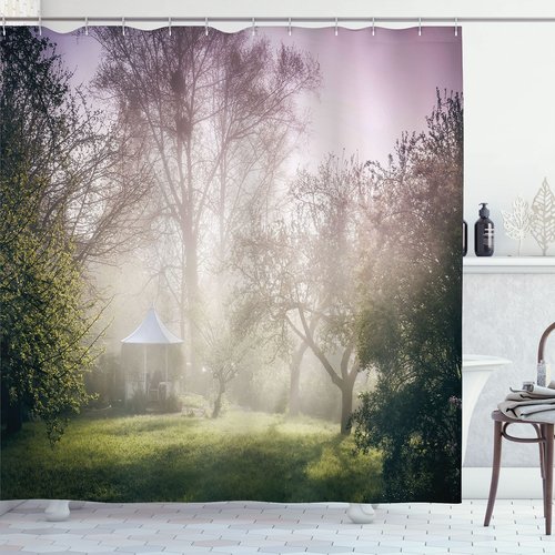 Ambesonne Landscape Shower Curtain, Pavilion in Moody Garden with Trees Misty Weather Foggy Nature Image, Cloth Fabric Bathroom Decor Set with Hooks, 69" W x 70" L, Mauve Green White