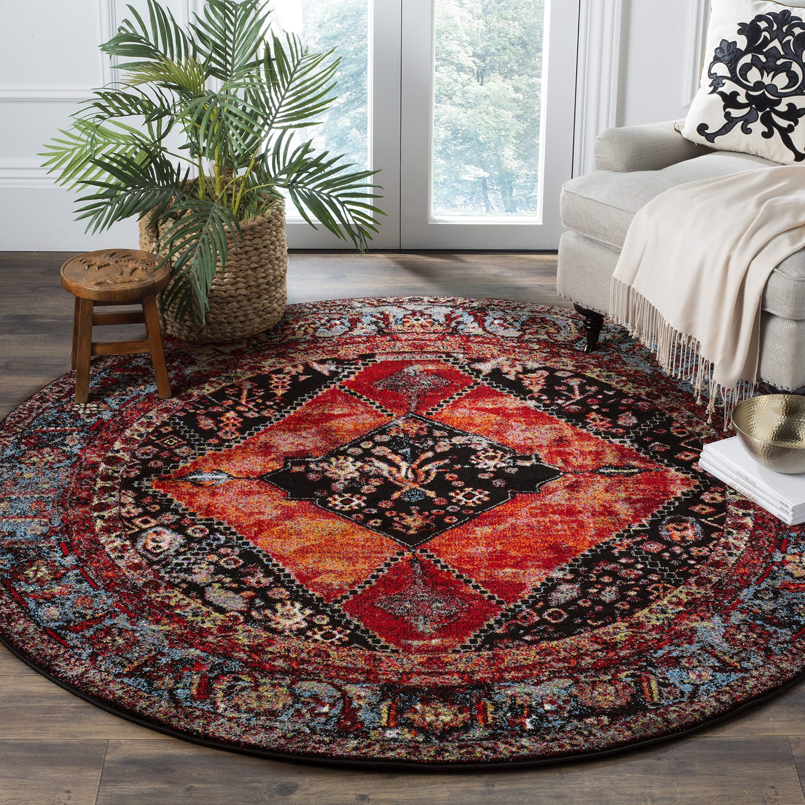 SAFAVIEH Vintage Hamadan Collection 3' Round Orange / Multi VTH217B Oriental Traditional Persian Non-Shedding Dining Room Entryway Foyer Living Room Bedroom Area Rug