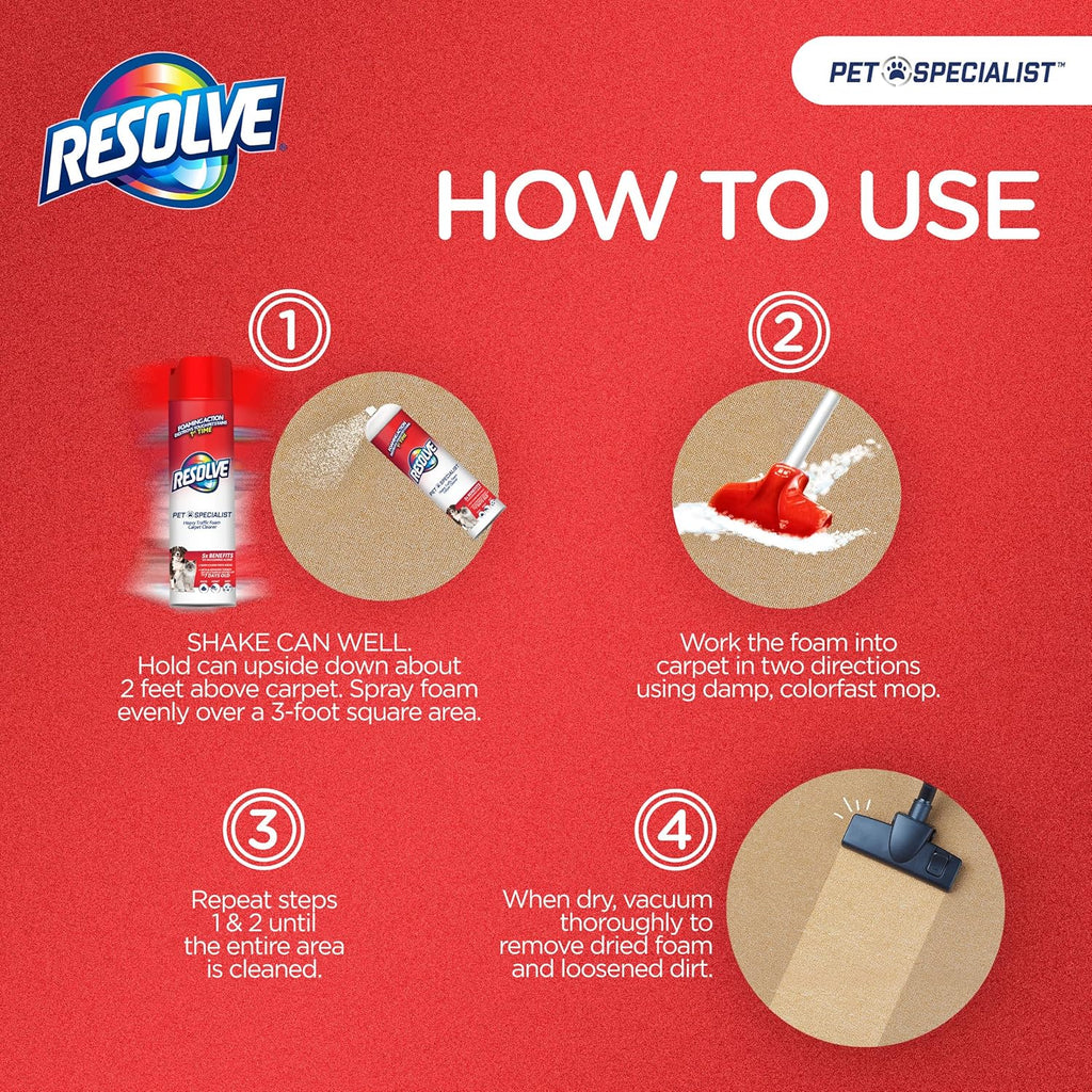 Resolve Pet Specialist Carpet Cleaner - Heavy Traffic Foam Stain & Odor Remover | 22 oz Cans, 2 Pack