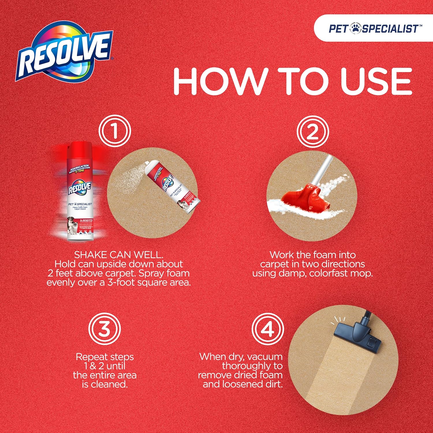 Resolve Pet Specialist Carpet Cleaner - Heavy Traffic Foam Stain & Odor Remover | 22 oz Cans, 2 Pack