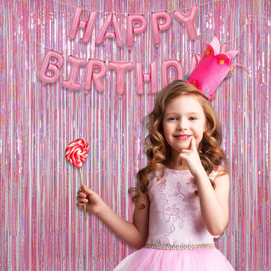 Melsan Pink Tinsel Curtains - Sparkling Metallic Foil Backdrop for Princess Birthday Parties | 3.2 ft x 8.2 ft, 2 Pack