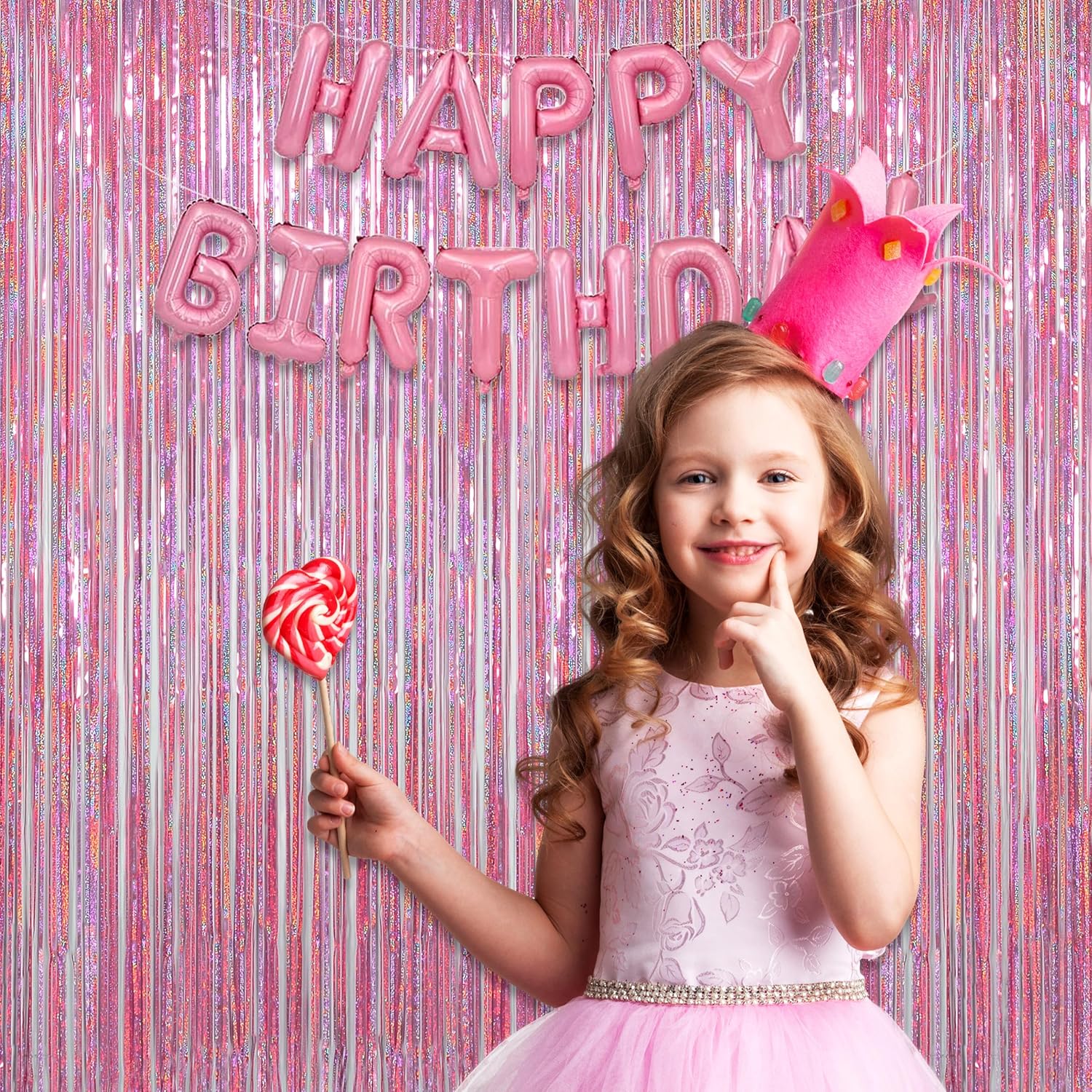 Melsan Pink Tinsel Curtains - Sparkling Metallic Foil Backdrop for Princess Birthday Parties | 3.2 ft x 8.2 ft, 2 Pack