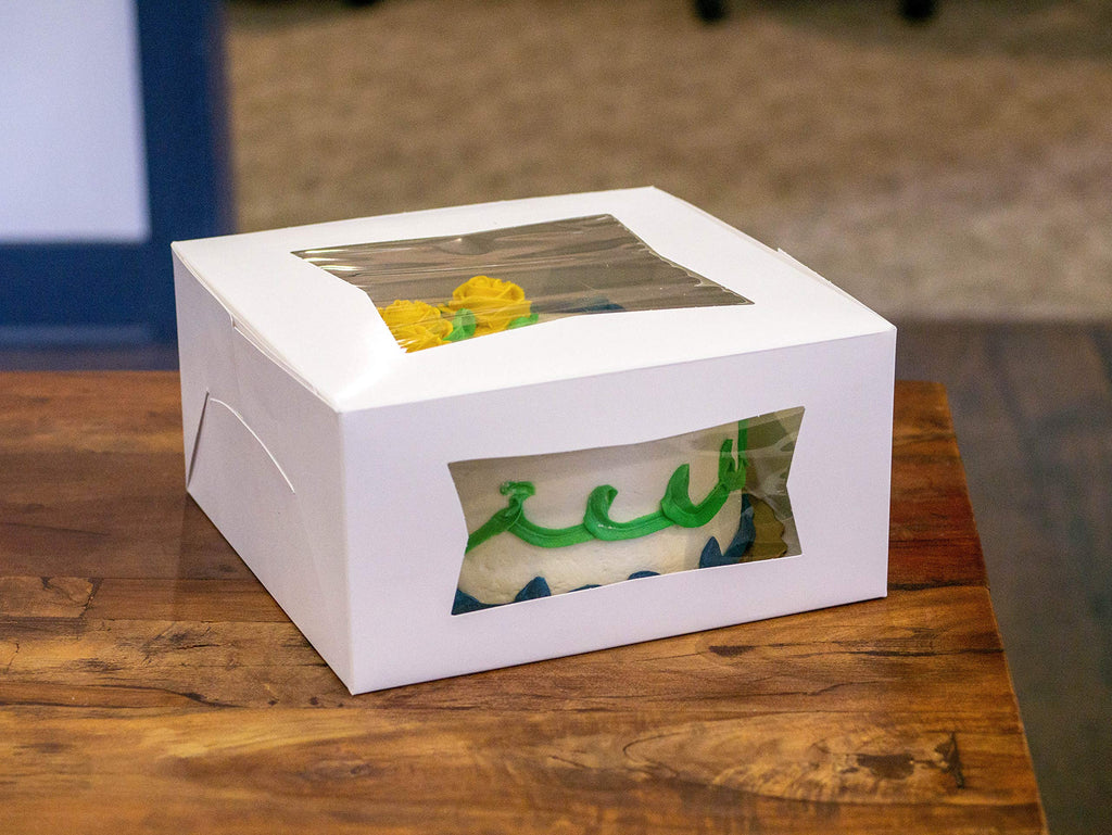SCT White Window Bakery Boxes with Attached Flip Top, 4-Corner Beers Design, 8 x 8 x 2.5, White, Paper, 200/Carton