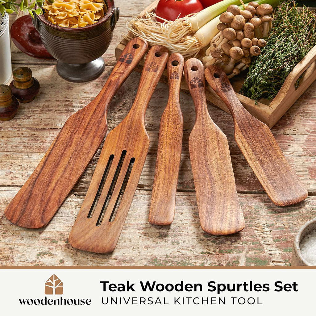Woodenhouse Teak Spurtle Set of 5 - Versatile Kitchen Tools for Serving, Stirring, Mixing & Scraping