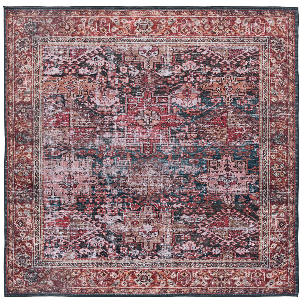 SAFAVIEH Washable Rug Tucson Collection - 8' Square, Rust & Green, Slip Resistant & Easy to Clean, Ideal for Living Room, Bedroom, Dining Space (TSN114P)