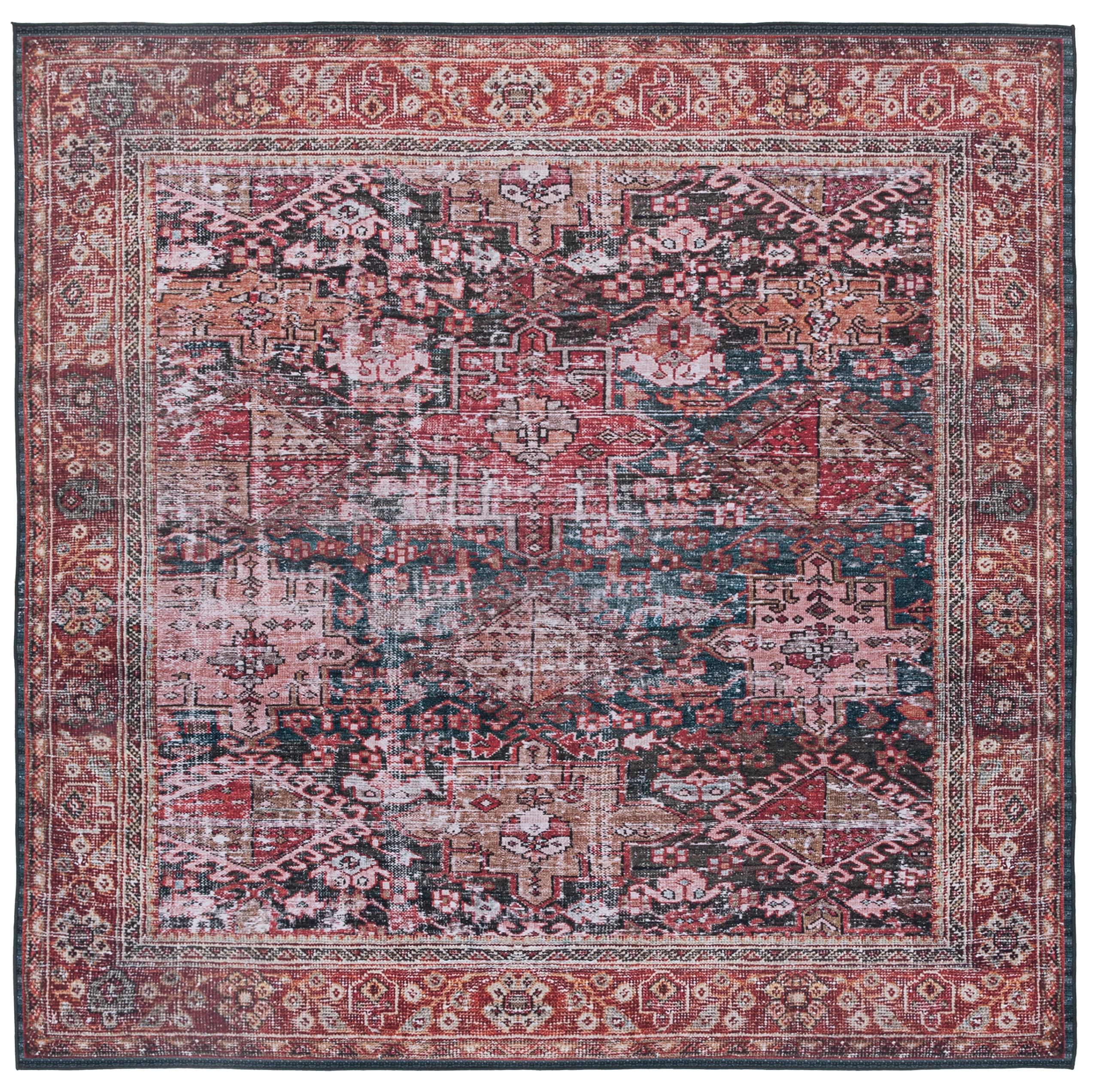SAFAVIEH Washable Rug Tucson Collection - 8' Square, Rust & Green, Slip Resistant & Easy to Clean, Ideal for Living Room, Bedroom, Dining Space (TSN114P)