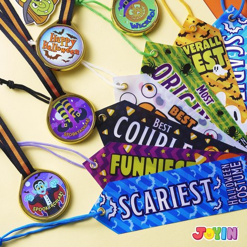 JOYIN 24 PCS Halloween Medals Trophies with Ribbons for Kids Children Party Award Celebration and Spooky Contest Rewards, Halloween Party Favors Supplies for Carnival Game Prizes