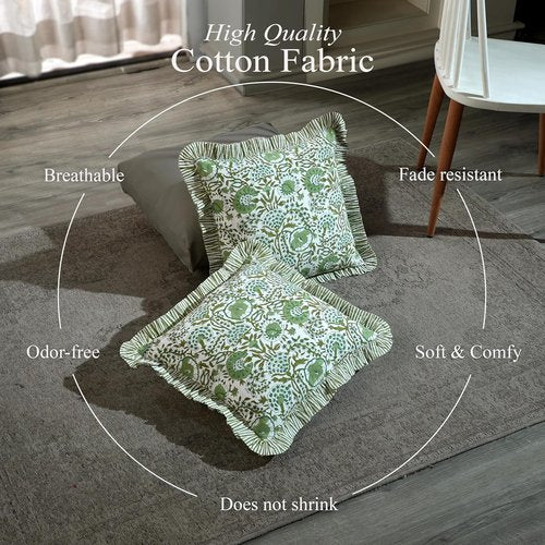 CPC Ruffle Throw Pillow Covers - 100% Cotton Boho Design in Agate Green | 16"x16" | Set of 2 for Living Room & Bedroom