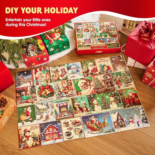 JOYIN 1000 PCS Christmas Advent Calendar Puzzles - 24 Days of Fun Countdown Gifts for Kids