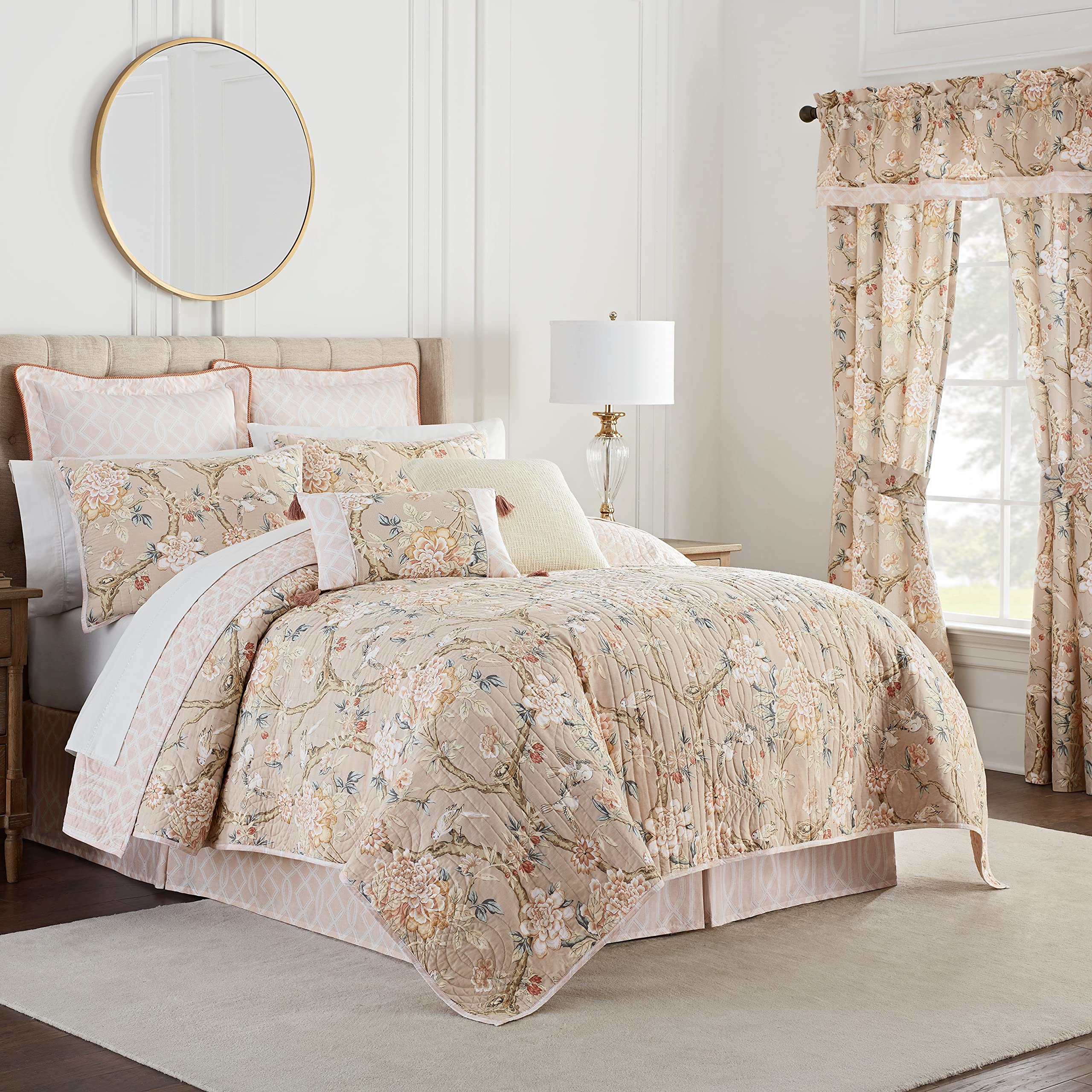 Waverly Peony Gardens 4 Piece Cotton Quilt Set, Embellished All Season Bedding, Includes One Quilt, One Bed Skirt and Two Pillow Shams, Machine Washable King Bed Set, Taupe